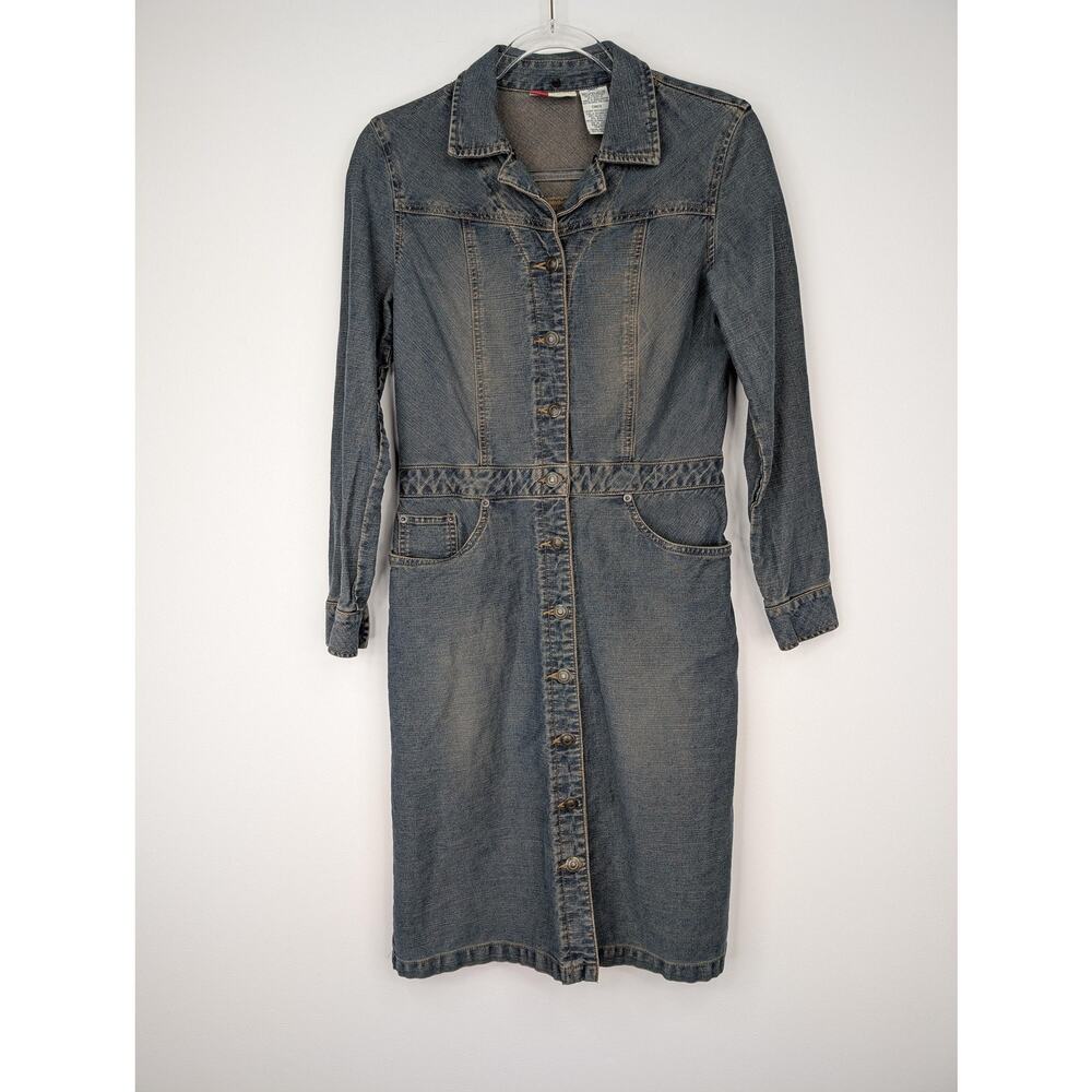 Denim Dress Womens Small Blue Button Front Long Sleeve Pockets Faded Glory